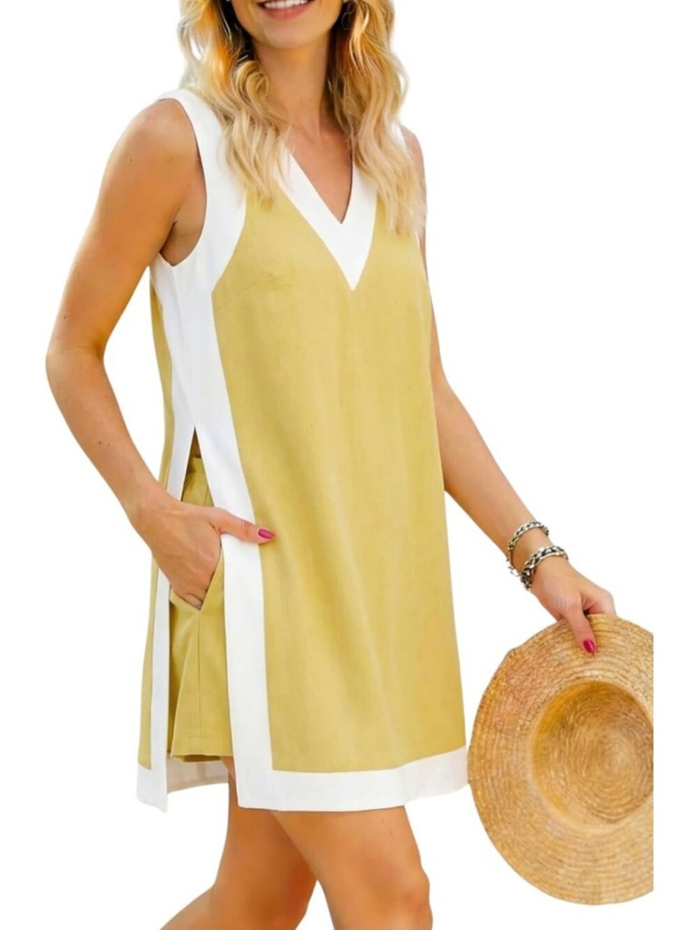 Stylish Women's Sleeveless V-Neck Color Block 2-Piece Tunic Dress & Shorts Set